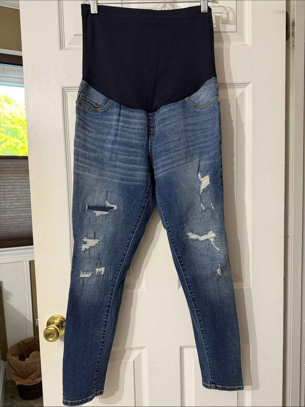 Maternity Dark Blue Distressed Skinny Jeans with Navy Panel